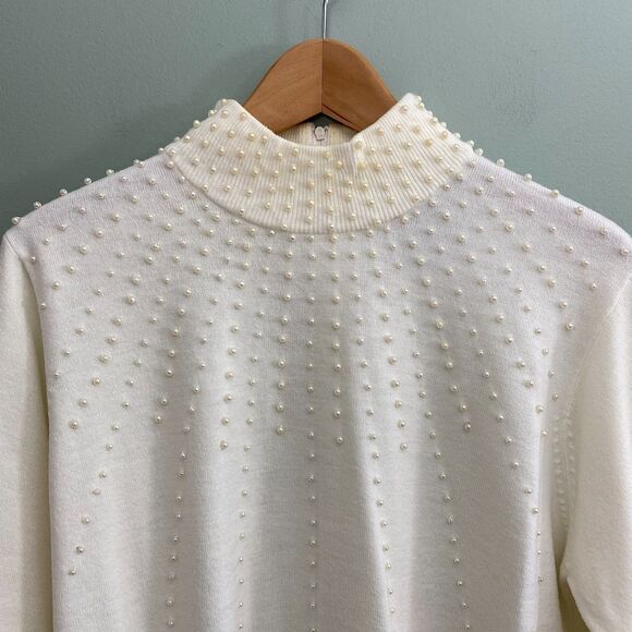 BFA Classics Beaded Sweater Back Zip Mock Neck Knit Ivory Womens Large - Picture 2 of 12